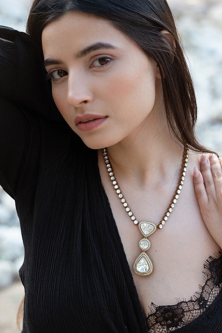 Gold Plated Kundan Polki & Cubic Zirconia Necklace Set by Do Taara at Pernia's Pop Up Shop
