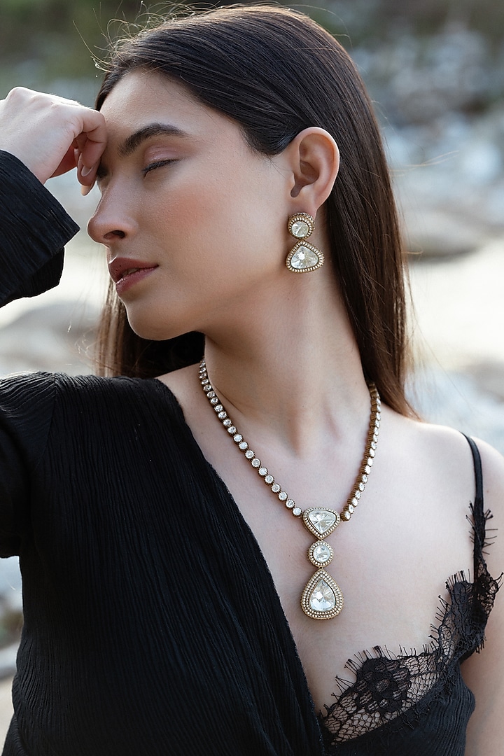 Gold Plated Kundan Polki & Cubic Zirconia Necklace Set by Do Taara at Pernia's Pop Up Shop