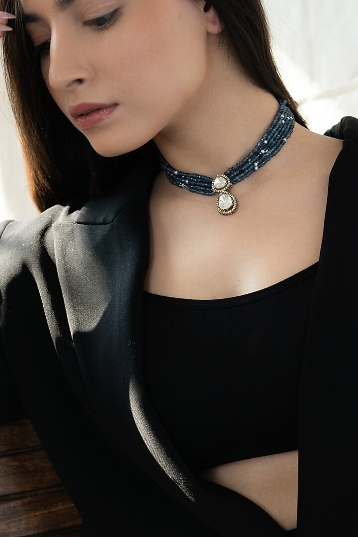 Gold Plated Blue Polki & Cubic Zirconia Necklace by Do Taara at Pernia's Pop Up Shop