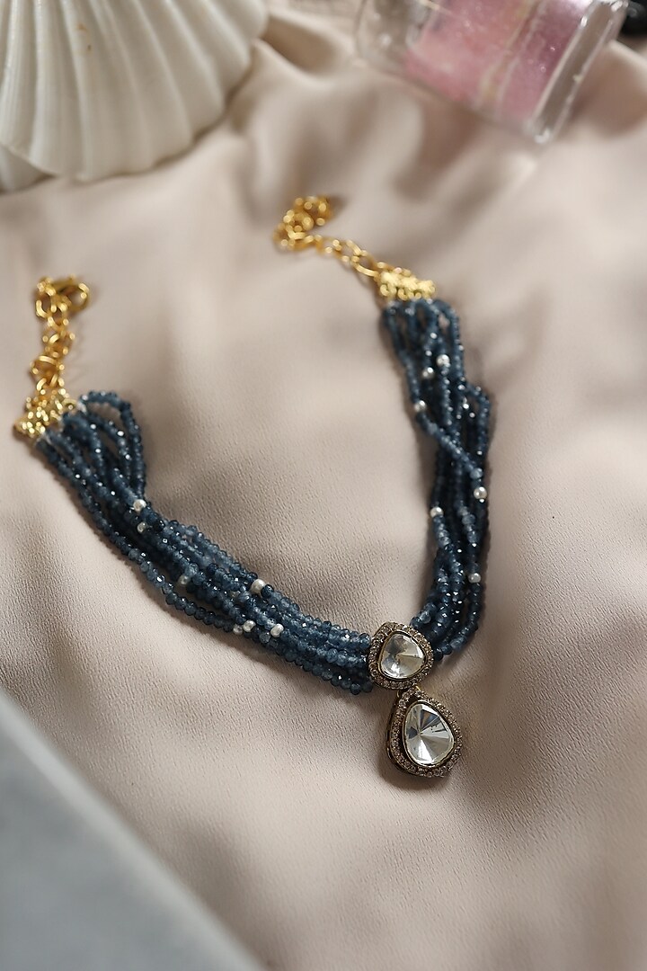 Gold Plated Blue Polki & Cubic Zirconia Necklace by Do Taara at Pernia's Pop Up Shop
