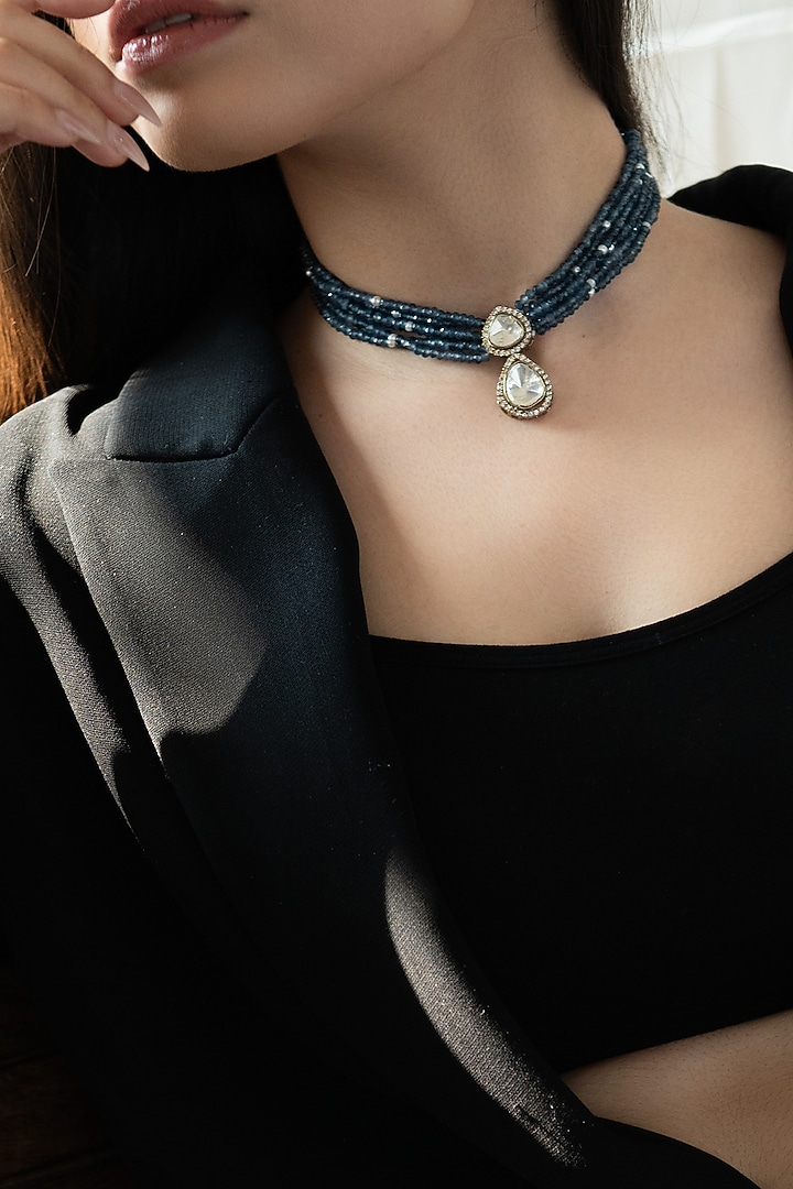 Gold Plated Blue Polki & Cubic Zirconia Necklace by Do Taara at Pernia's Pop Up Shop