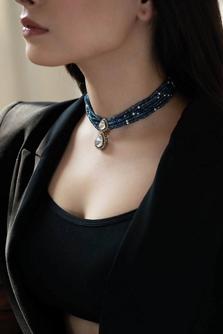 Gold Plated Blue Polki & Cubic Zirconia Necklace by Do Taara at Pernia's Pop Up Shop