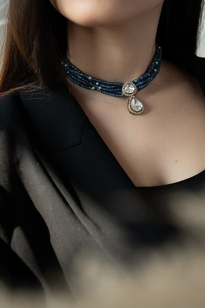 Gold Plated Blue Polki & Cubic Zirconia Necklace by Do Taara at Pernia's Pop Up Shop