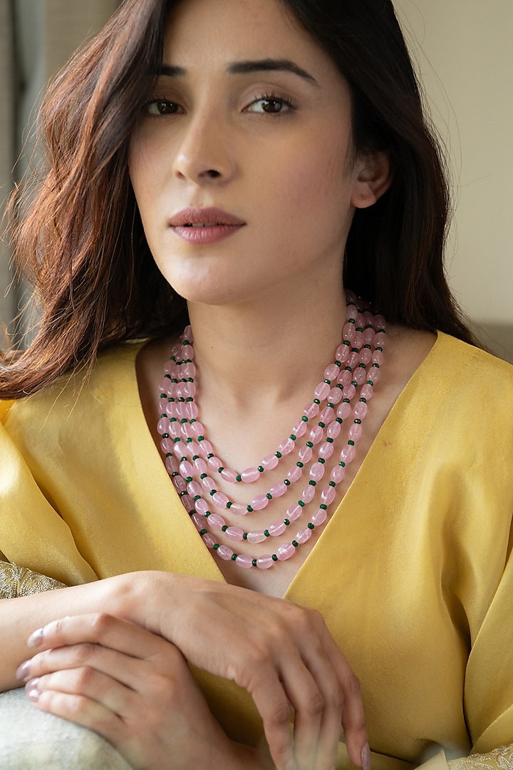 Gold Plated Rose Quartz Stone Necklace by Do Taara