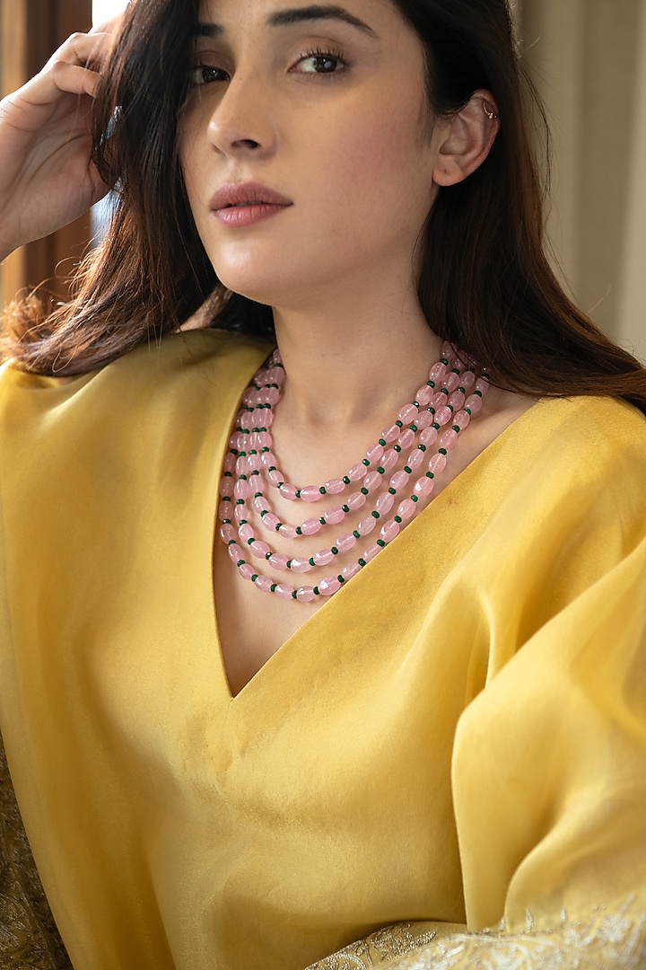 Gold Plated Rose Quartz Stone Necklace by Do Taara at Pernia's Pop Up Shop