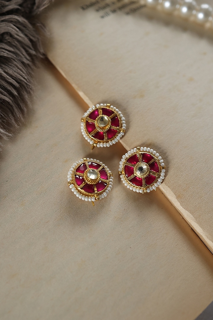 Gold Plated Red Kundan & Pearl Braid Pins (Set of 3) by Do Taara at Pernia's Pop Up Shop