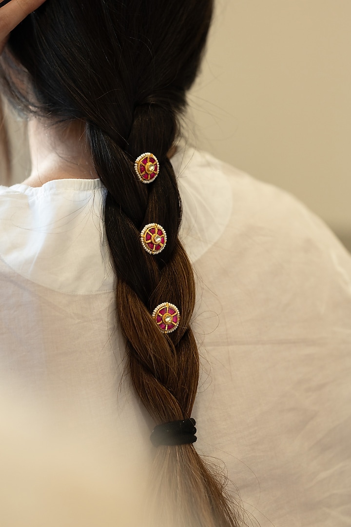 Gold Plated Red Kundan & Pearl Braid Pins (Set of 3) by Do Taara at Pernia's Pop Up Shop
