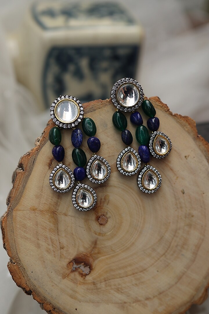 Black Rhodium Finish Kundan Polki Dangler Earrings by Do Taara at Pernia's Pop Up Shop