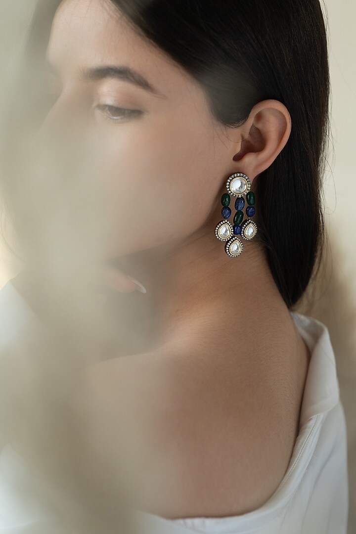 Black Rhodium Finish Kundan Polki Dangler Earrings by Do Taara at Pernia's Pop Up Shop