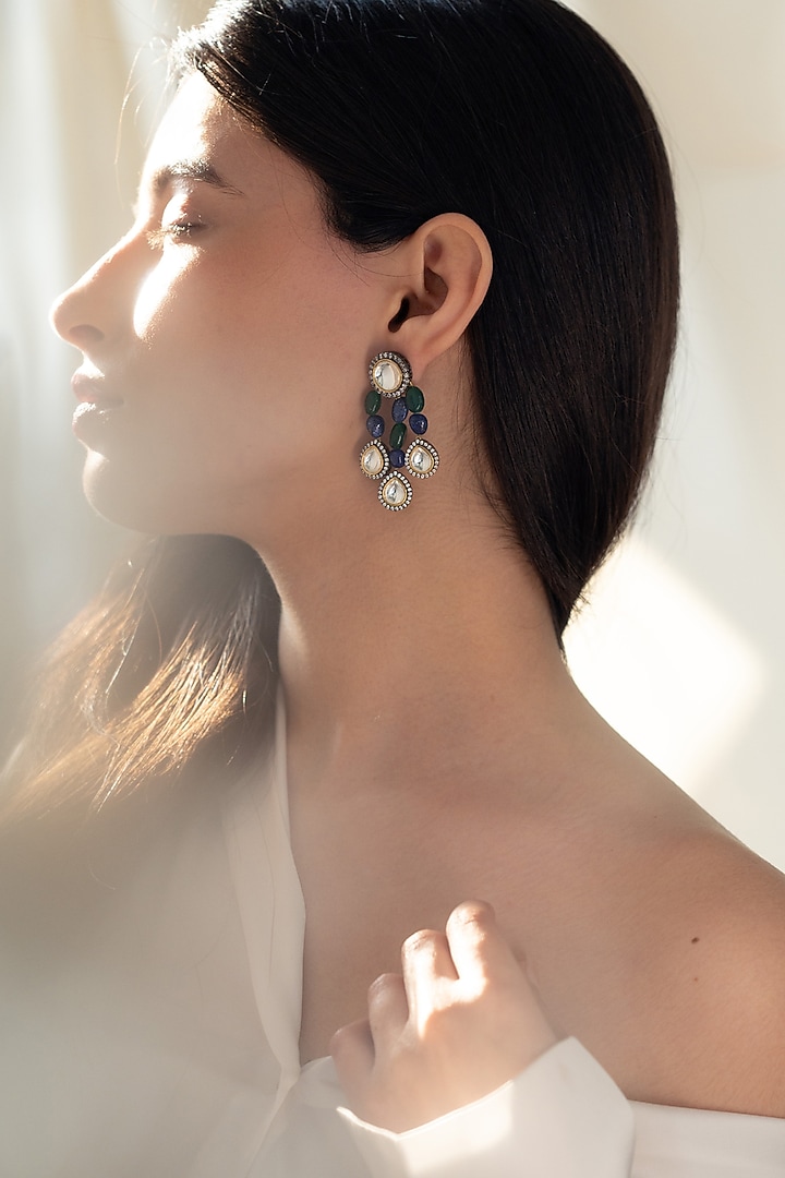 Black Rhodium Finish Kundan Polki Dangler Earrings by Do Taara at Pernia's Pop Up Shop