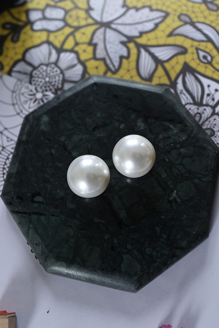 White Rhodium Finish Pearl Stud Earrings by Do Taara at Pernia's Pop Up Shop