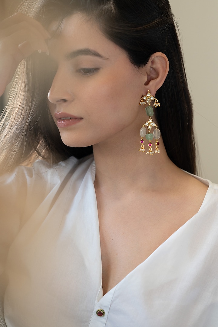 Gold Plated Kundan Polki Dangler Earrings by Do Taara at Pernia's Pop Up Shop