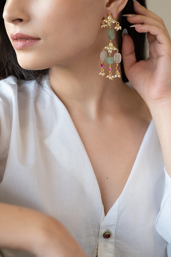 Gold Plated Kundan Polki Dangler Earrings by Do Taara at Pernia's Pop Up Shop