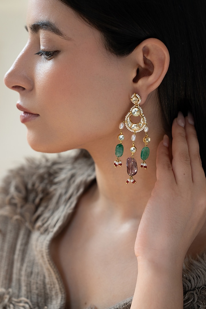 Gold Plated Kundan Polki & Jade Stone Dangler Earrings by Do Taara at Pernia's Pop Up Shop