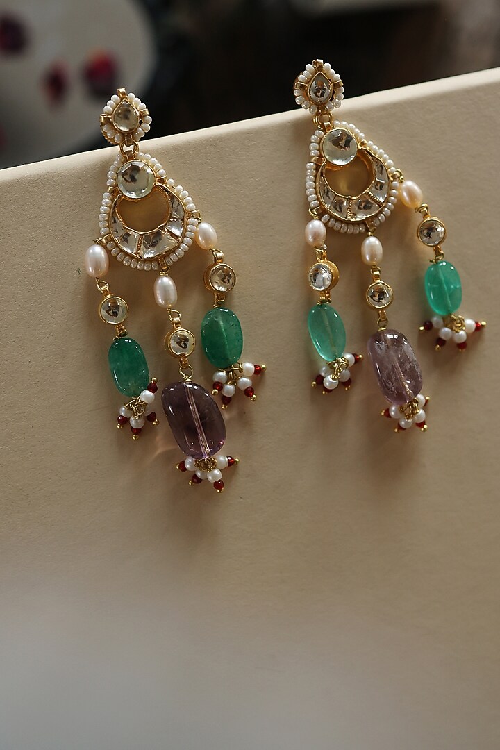Gold Plated Kundan Polki & Jade Stone Dangler Earrings by Do Taara at Pernia's Pop Up Shop