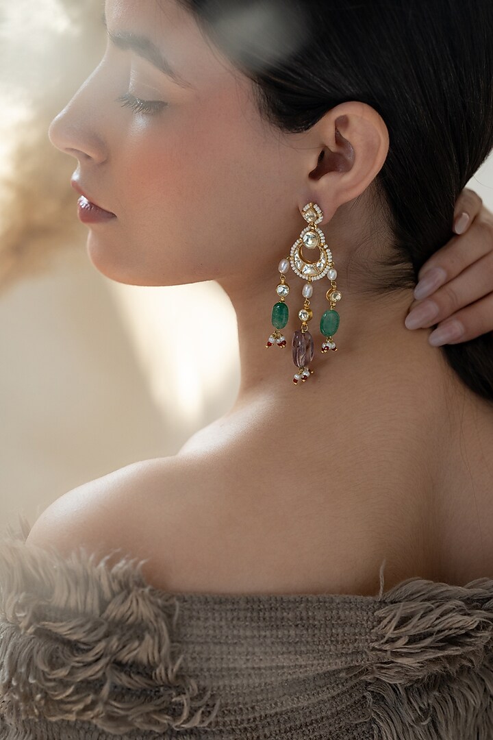 Gold Plated Kundan Polki & Jade Stone Dangler Earrings by Do Taara at Pernia's Pop Up Shop