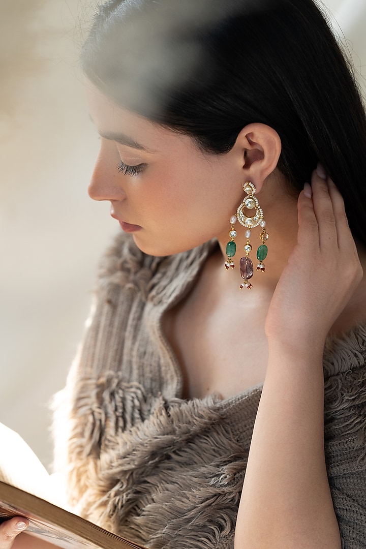 Gold Plated Kundan Polki & Jade Stone Dangler Earrings by Do Taara at Pernia's Pop Up Shop