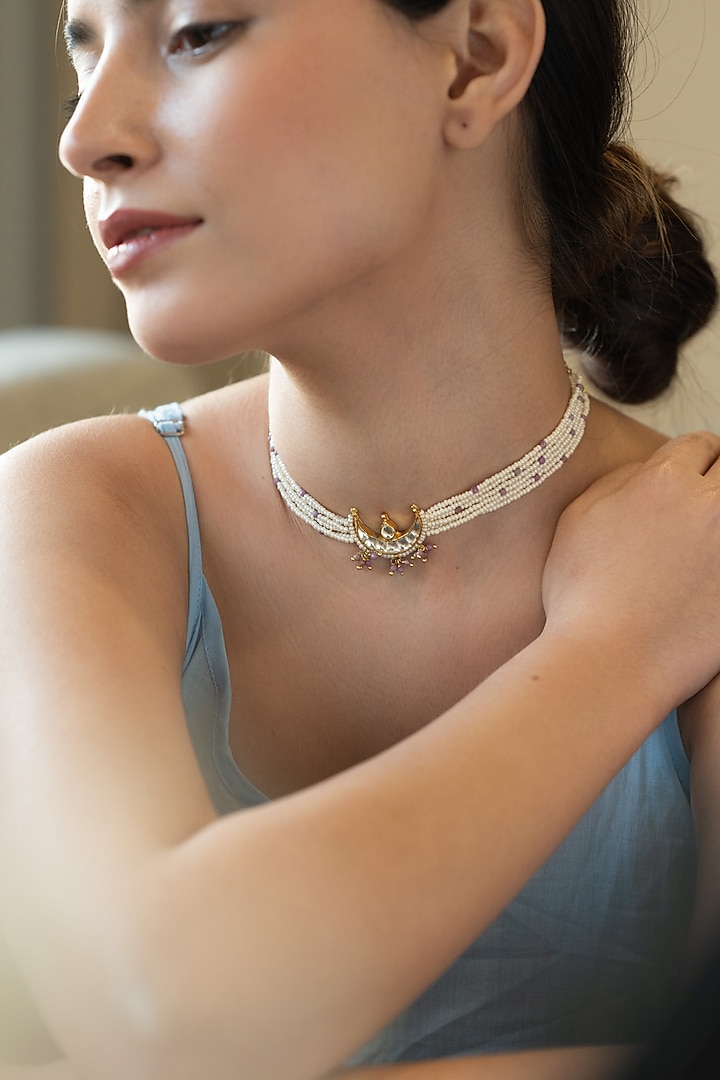 Gold Plated Kundan Polki & Pink Onyx Necklace by Do Taara at Pernia's Pop Up Shop