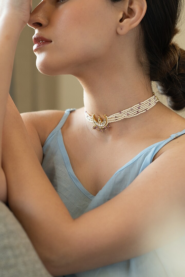 Gold Plated Kundan Polki & Pink Onyx Necklace by Do Taara at Pernia's Pop Up Shop