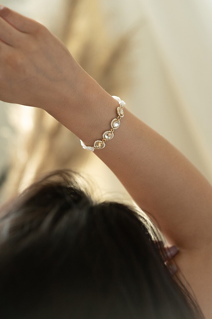 Gold Plated Kundan Polki & Shell Pearl Bracelet by Do Taara at Pernia's Pop Up Shop