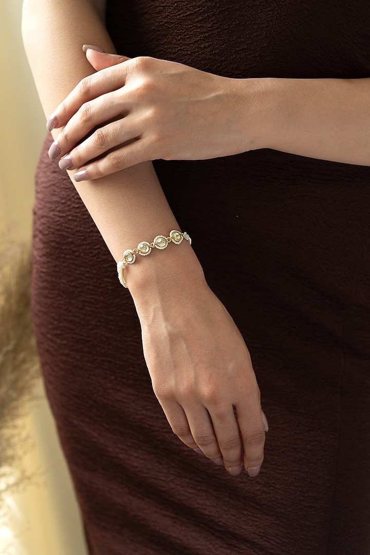 Gold Plated Kundan Polki & Shell Pearl Bracelet by Do Taara at Pernia's Pop Up Shop