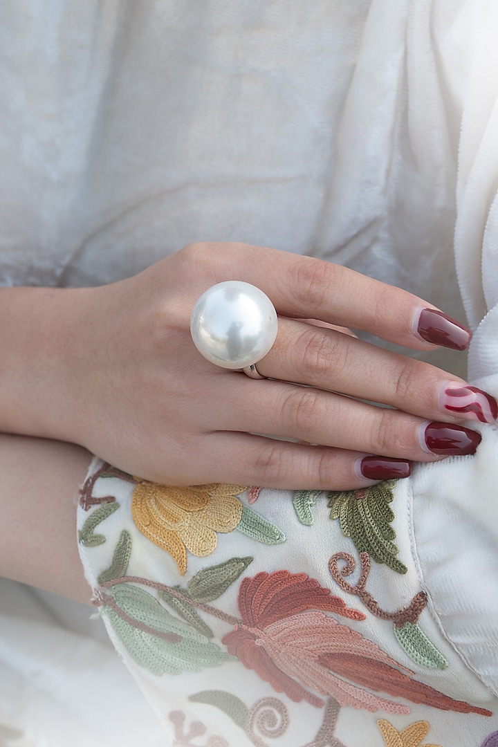 White Rhodium Finish Pearl Ring by Do Taara