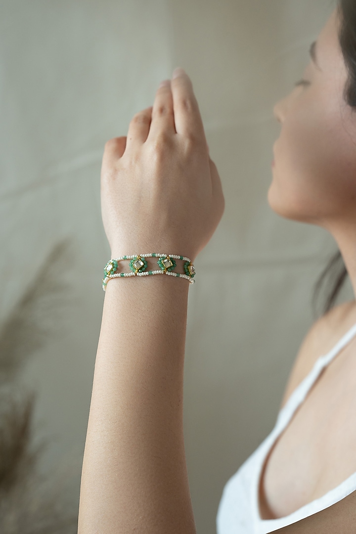 Gold Plated Kundan Polki & Onyx Bracelet by Do Taara at Pernia's Pop Up Shop
