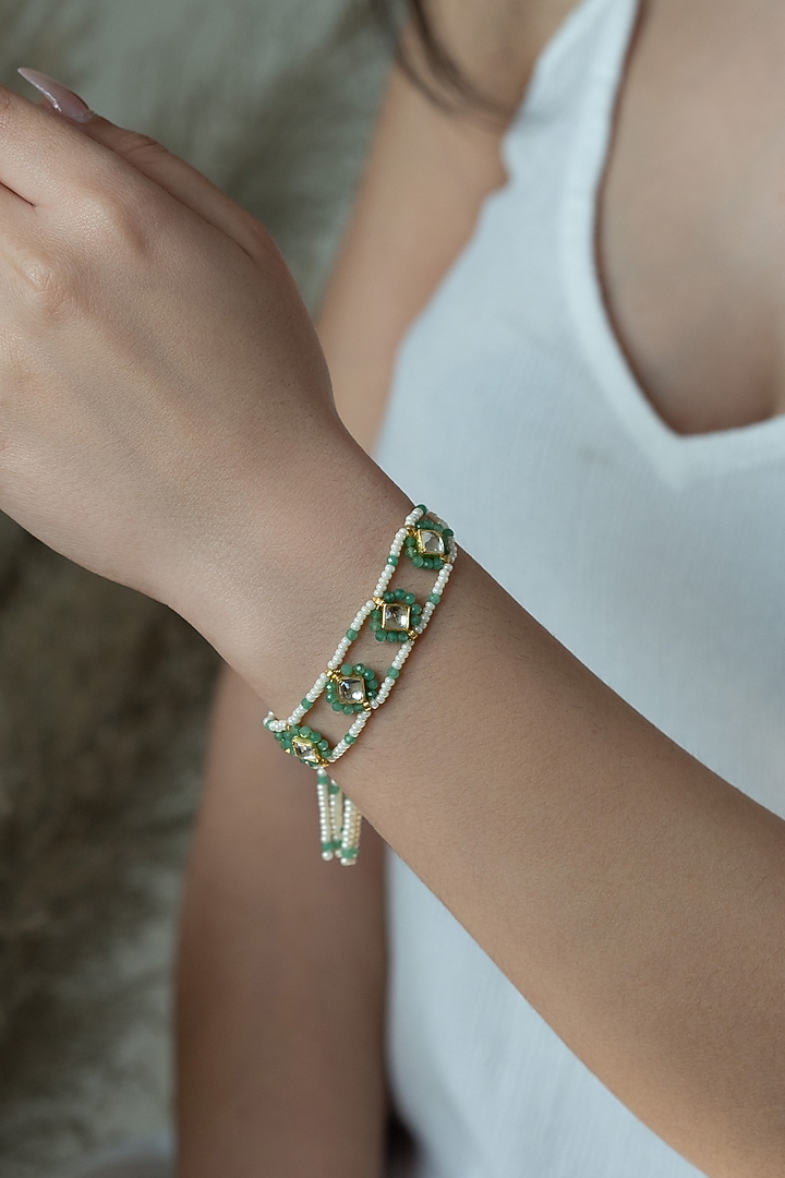 Gold Plated Kundan Polki & Onyx Bracelet by Do Taara at Pernia's Pop Up Shop