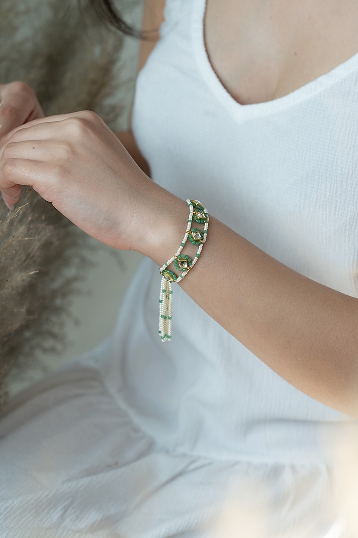 Gold Plated Kundan Polki & Onyx Bracelet by Do Taara at Pernia's Pop Up Shop