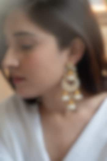 Gold Plated Kundan Polki & Shell Pearl Dangler Earrings by Do Taara