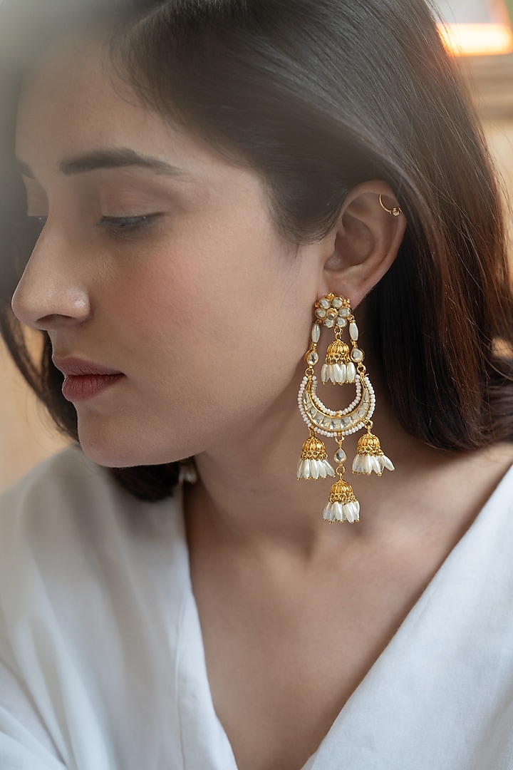Gold Plated Kundan Polki & Shell Pearl Dangler Earrings by Do Taara at Pernia's Pop Up Shop