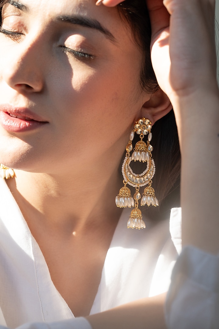 Gold Plated Kundan Polki & Shell Pearl Dangler Earrings by Do Taara at Pernia's Pop Up Shop