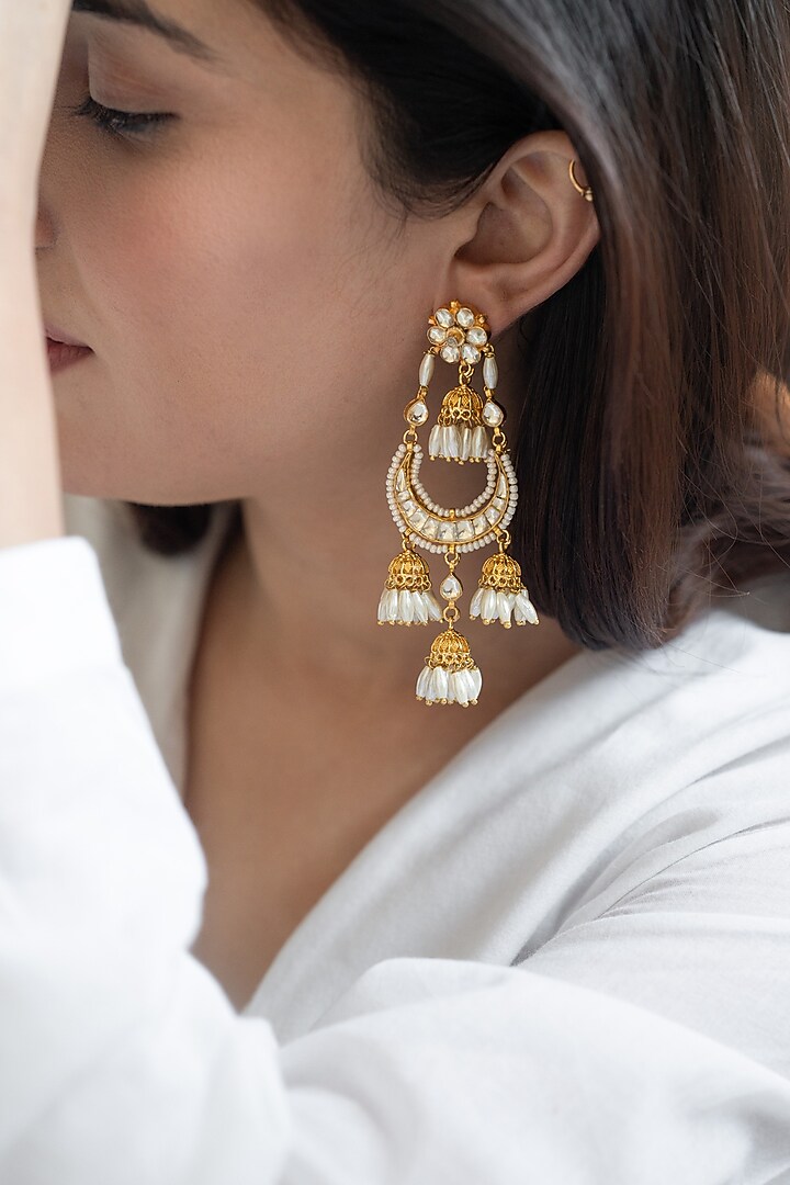 Gold Plated Kundan Polki & Shell Pearl Dangler Earrings by Do Taara at Pernia's Pop Up Shop