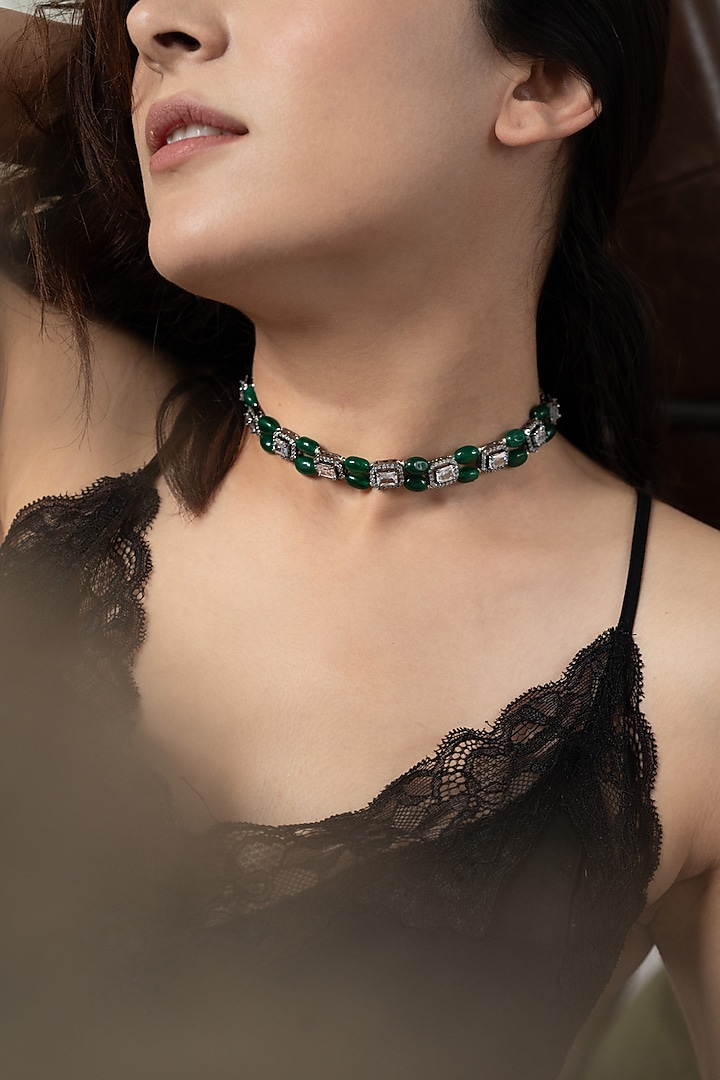 Black Rhodium Finish Cubic Zirconia & Jade Stone Necklace by Do Taara at Pernia's Pop Up Shop