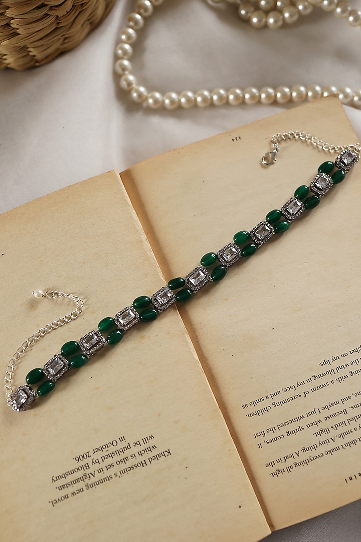 Black Rhodium Finish Cubic Zirconia & Jade Stone Necklace by Do Taara at Pernia's Pop Up Shop