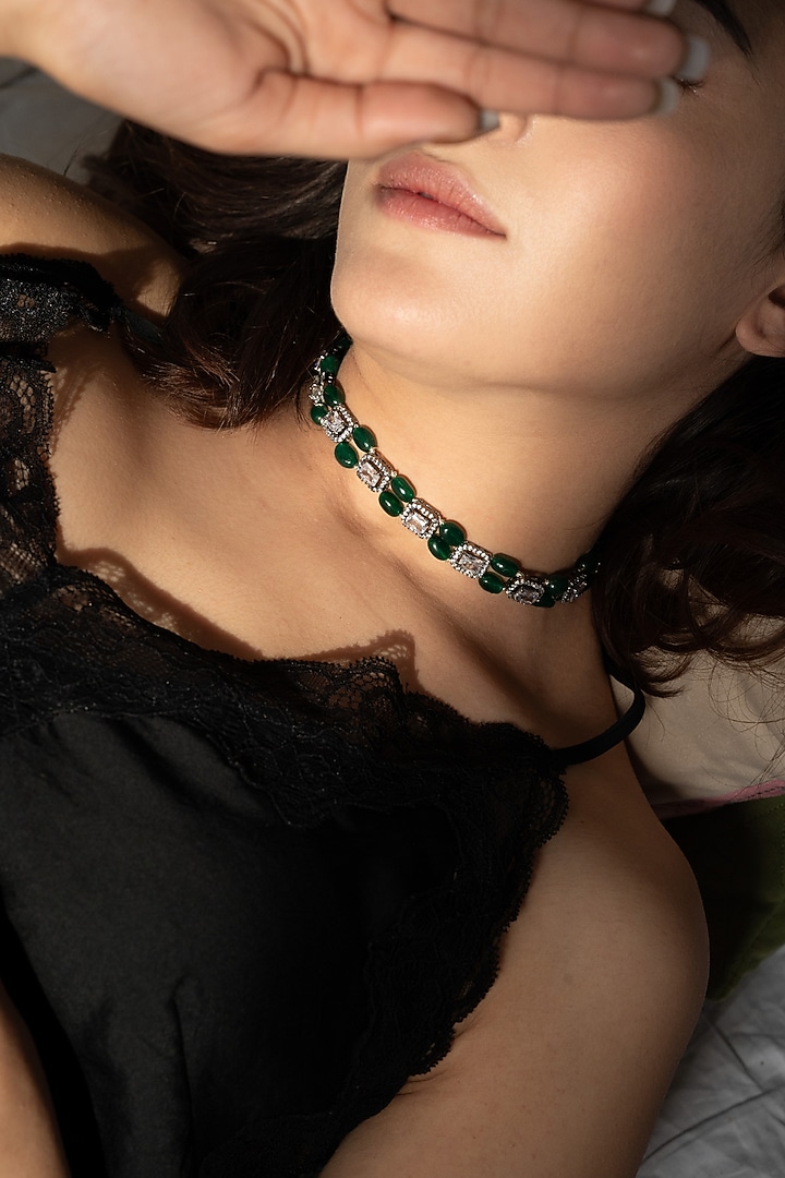 Black Rhodium Finish Cubic Zirconia & Jade Stone Necklace by Do Taara at Pernia's Pop Up Shop