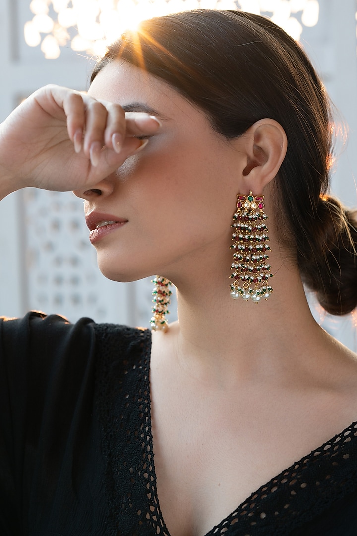 Gold Plated Kundan Polki & Shell Pearl Dangler Earrings by Do Taara at Pernia's Pop Up Shop