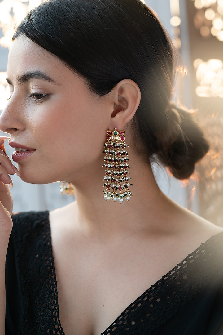 Gold Plated Kundan Polki & Shell Pearl Dangler Earrings by Do Taara at Pernia's Pop Up Shop