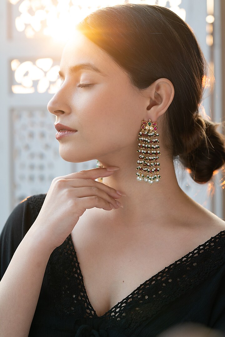 Gold Plated Kundan Polki & Shell Pearl Dangler Earrings by Do Taara at Pernia's Pop Up Shop