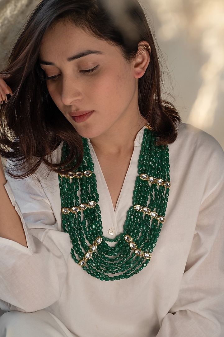 Gold Plated Kundan Polki & Jade Stone Necklace by Do Taara at Pernia's Pop Up Shop