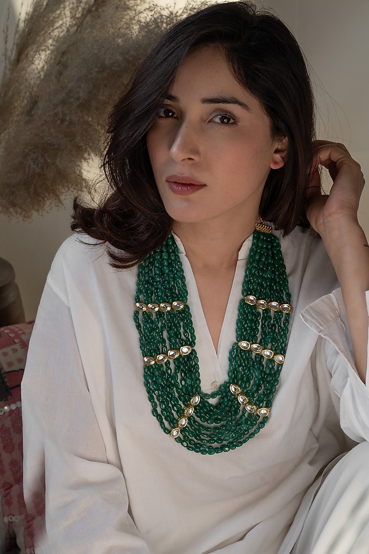 Gold Plated Kundan Polki & Jade Stone Necklace by Do Taara at Pernia's Pop Up Shop