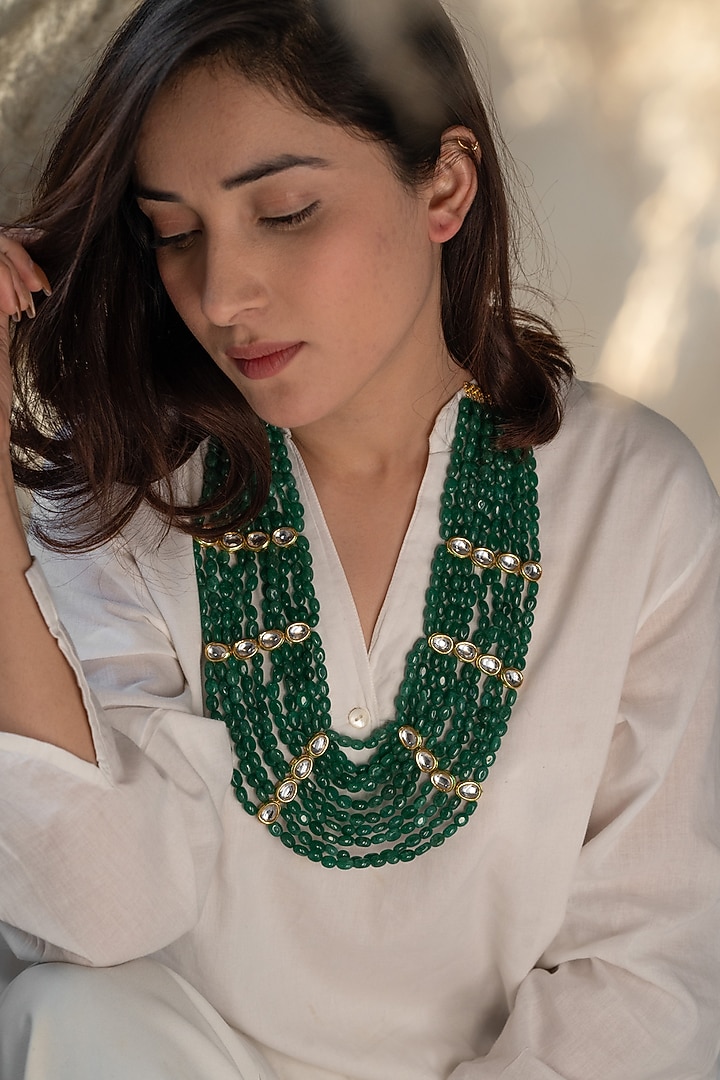 Gold Plated Kundan Polki & Jade Stone Necklace by Do Taara at Pernia's Pop Up Shop