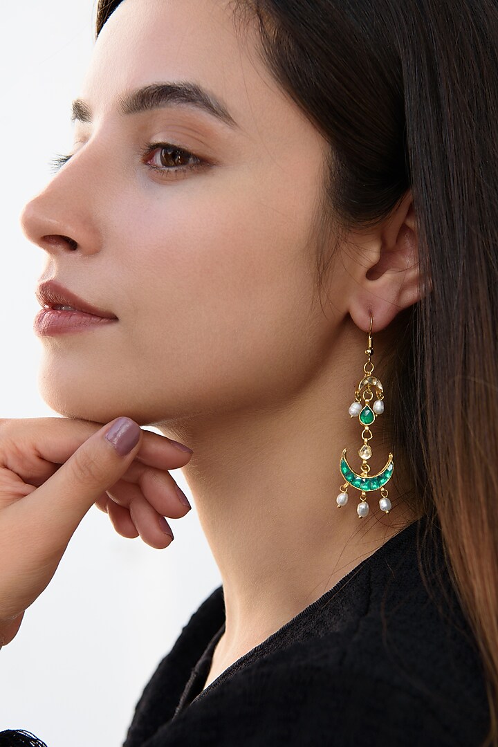 Gold Plated Kundan Polki & Green Stone Dangler Earrings by Do Taara at Pernia's Pop Up Shop