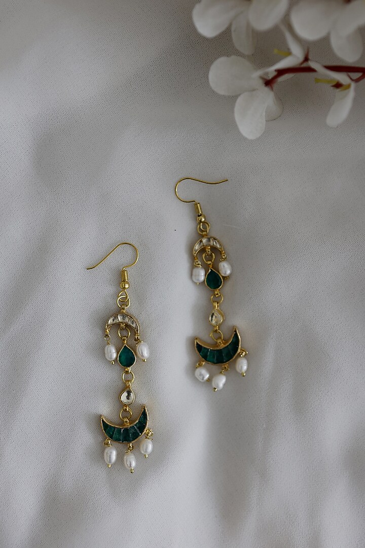 Gold Plated Kundan Polki & Green Stone Dangler Earrings by Do Taara at Pernia's Pop Up Shop