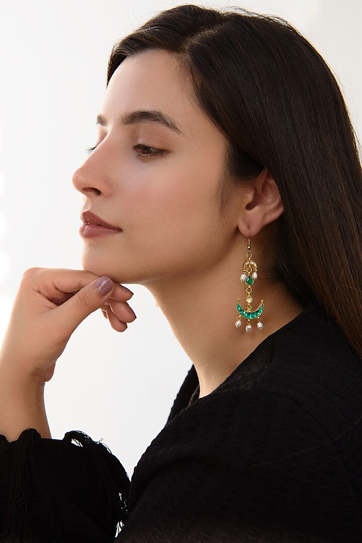 Gold Plated Kundan Polki & Green Stone Dangler Earrings by Do Taara at Pernia's Pop Up Shop