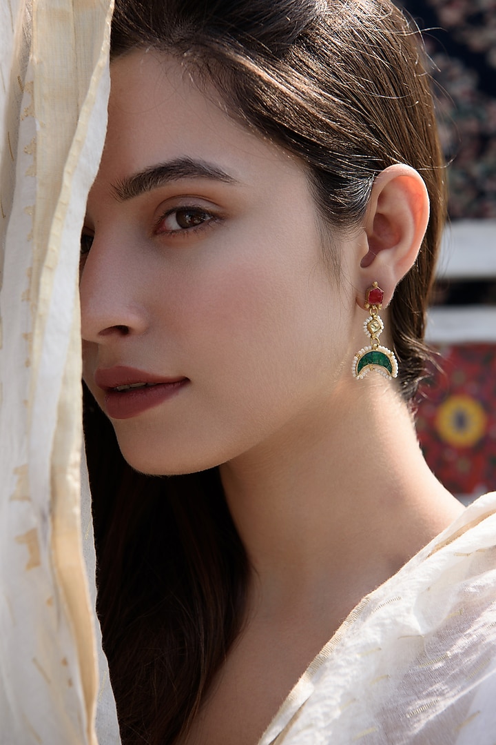 Gold Plated Kundan Polki & Seed Pearl Dangler Earrings by Do Taara at Pernia's Pop Up Shop