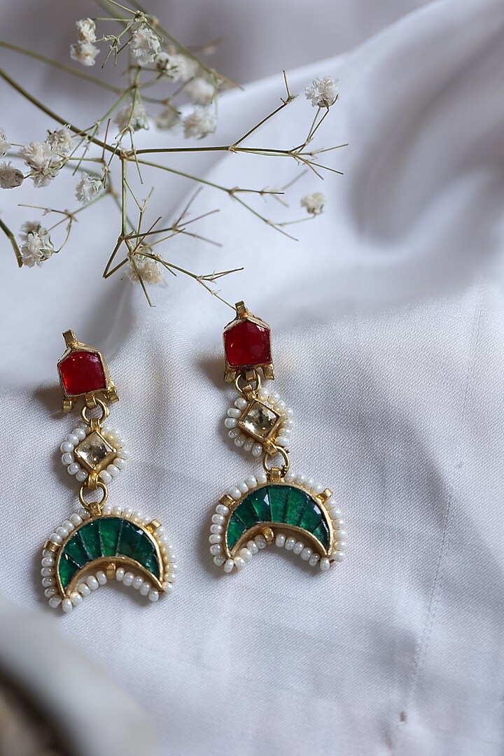 Gold Plated Kundan Polki & Seed Pearl Dangler Earrings by Do Taara at Pernia's Pop Up Shop