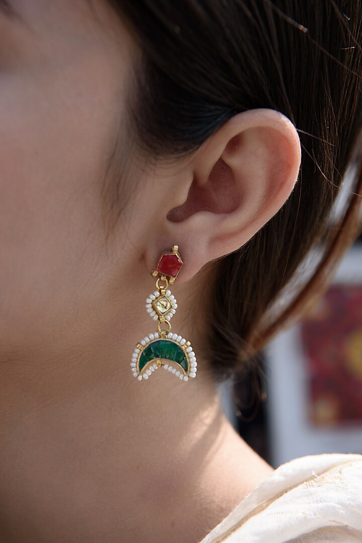 Gold Plated Kundan Polki & Seed Pearl Dangler Earrings by Do Taara at Pernia's Pop Up Shop