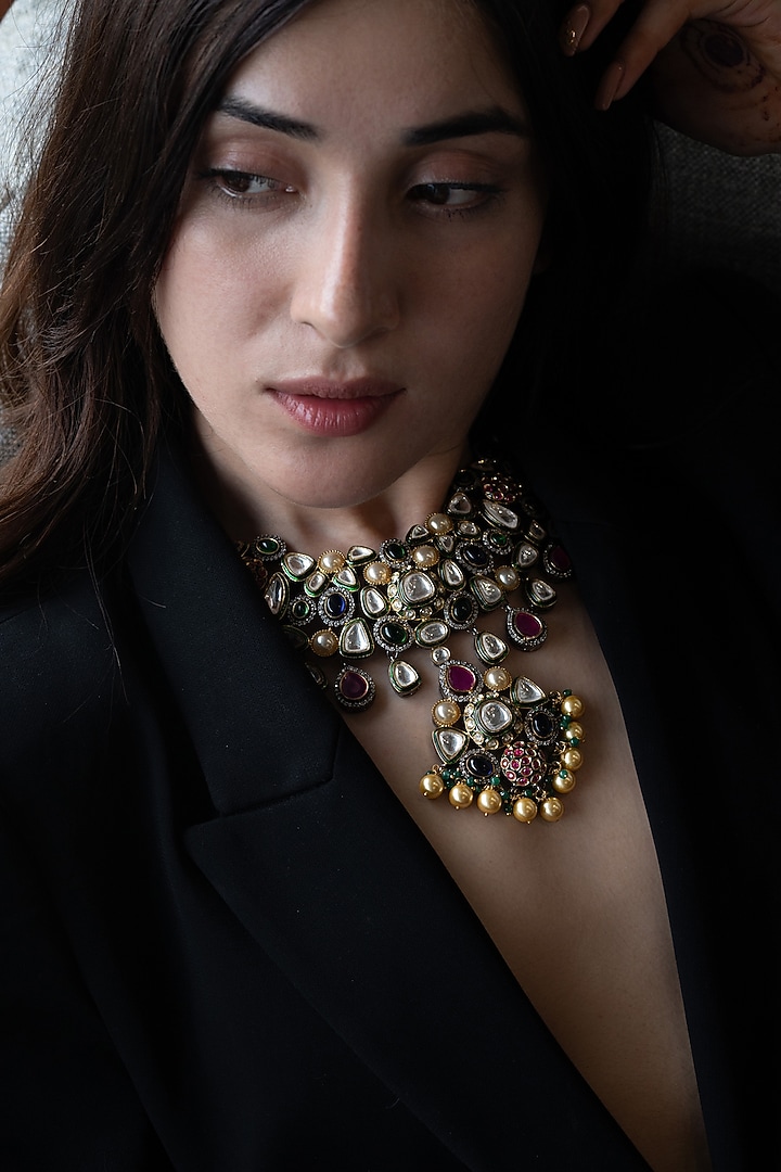 Two-Tone Finish Kundan Polki & Multi-Colored Stone Necklace Set by Do Taara at Pernia's Pop Up Shop