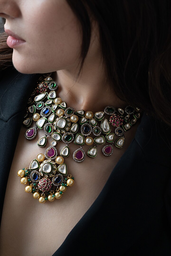 Two-Tone Finish Kundan Polki & Multi-Colored Stone Necklace Set by Do Taara at Pernia's Pop Up Shop